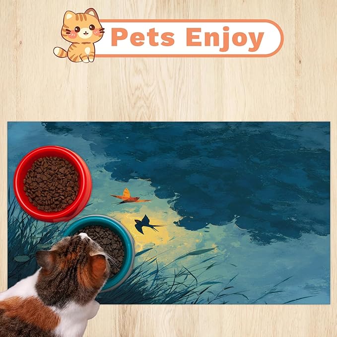 Grass Dog Food Mat for Floors Absorbent, Quick Dry Water Dispenser Mat for Food, Water, Pet Supplies 12" x 20", Sky