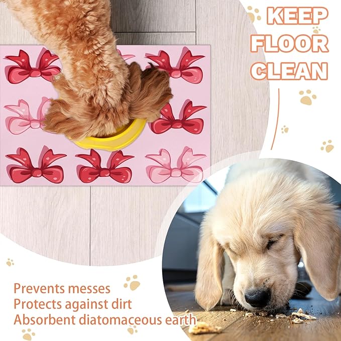 Pink Bow Dog Food Mat for Floors Absorbent, Quick Dry Water Dispenser Mat for Food, Water, Pet Supplies 12" x 20", Red Bowknot
