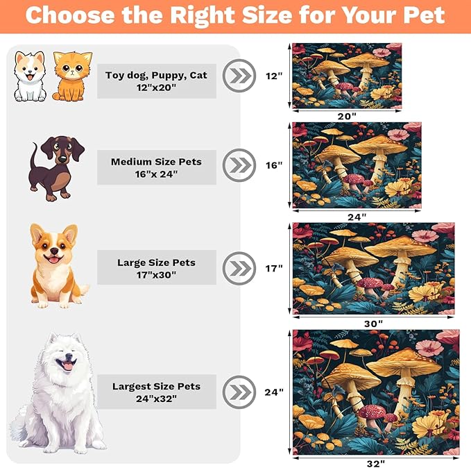Mushroom Dog Food Mat for Floors Absorbent Dog Bowl Mat for Food and Water Dispenser Quick Dry Cat Food Placemat Pet Supplies 24" x 32", Forest Theme