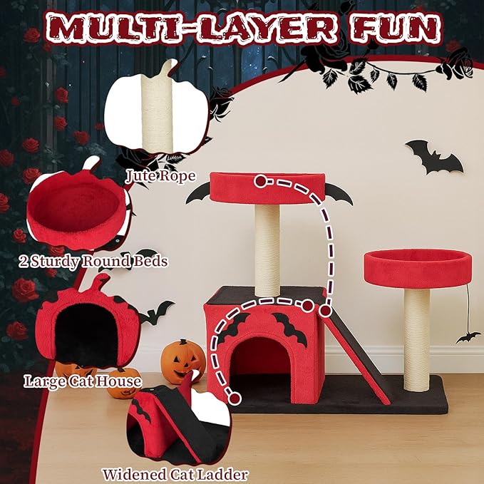 Gothic Cat Tree Tower for Large Cats, Red and Black, 27.5 Inches, with Condo, Perches, Sisal Scratching Posts, Ladder, Spider Toy, Halloween Theme