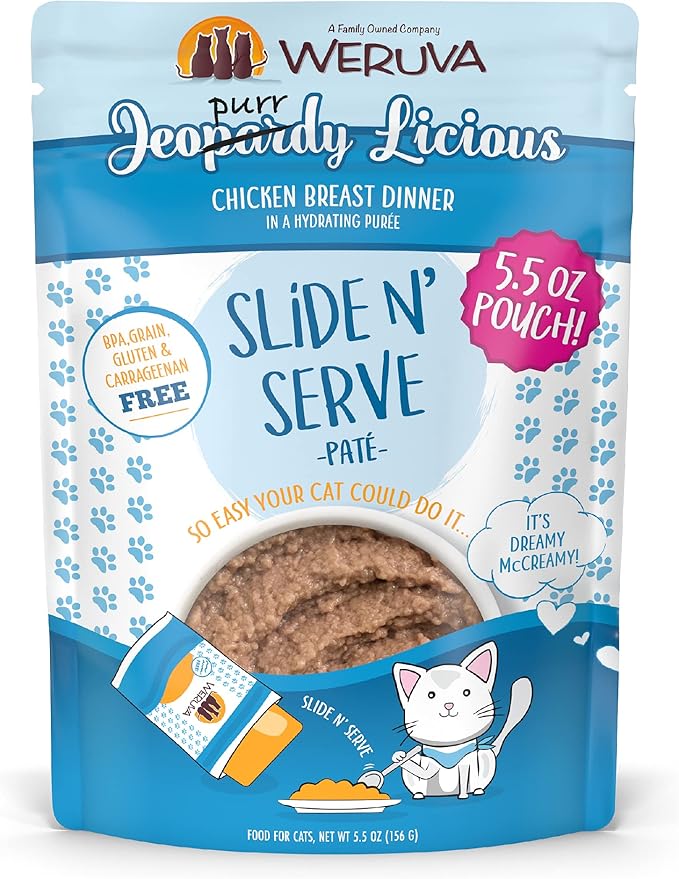 Weruva Wet Cat Food, Jeopurrdy Licious with Chicken Pate, 5.5oz Slide N Serve Pouch, Pack of 12