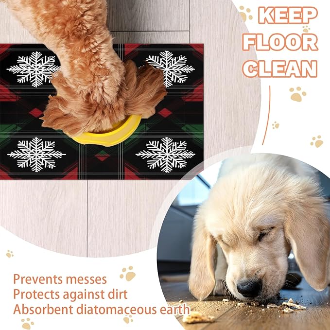 Xmas Snowflake Dog Food Mat for Floors Absorbent, Quick Dry Water Dispenser Mat for Food, Water, Pet Supplies 17" x 30", Buffalo Check