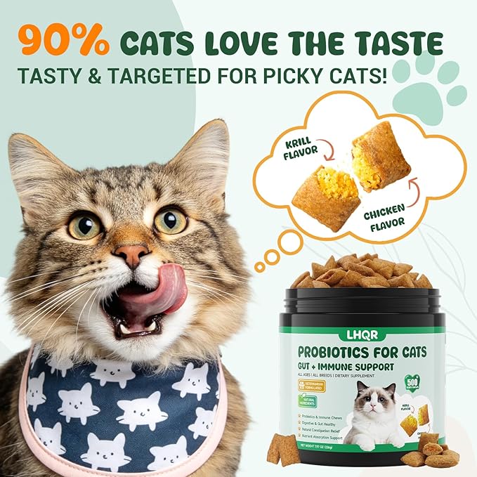 500 Probiotics for Cat - Digestive Enzymes & Prebiotics for Gut Health, Probiotic Tasty Chews Diarrhea Relief & Gas Treatment, Pumpkin Formula for Sensitive Stomachs & Itchy Skin Support, Chicken
