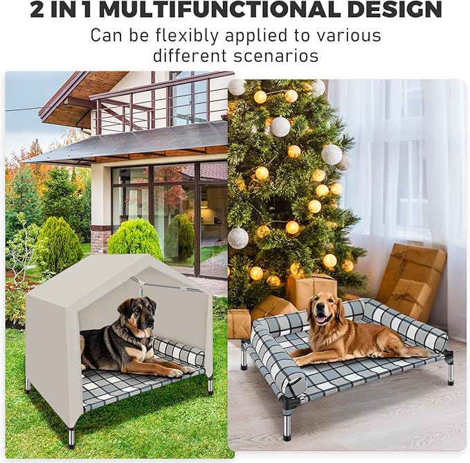 Elevated Dog Pet Bed House - Weatherproof 2-in-1 Indoor Outdoor Pet Cot with Canopy & Bolster Cooling Portable Raised Dog Bed with Pillow for Camping Beach