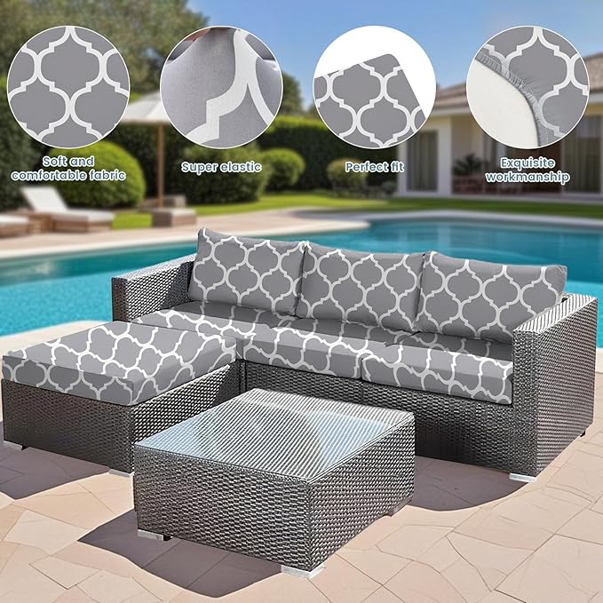 HANDONTIME 8Pcs Patio Cushion Covers Stretch Outdoor Couch Cover Replacement Cushions for Outdoor Furniture Waterproof Patio Furniture Covers for Pets Sofa Cover Washable (Grey Stiped,Cover Only)
