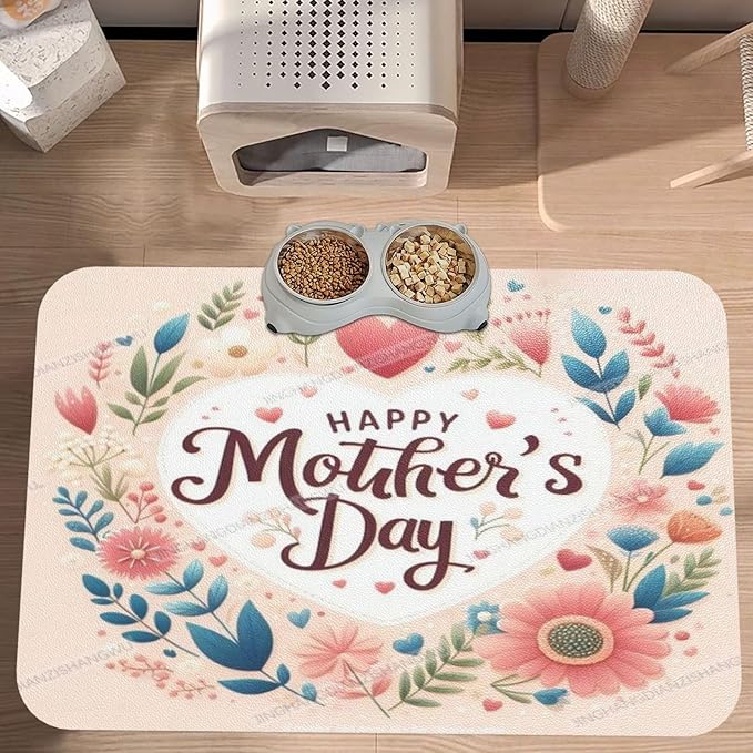 Pet Feeding Mat Happy Mother's Day Floral Gift for Mom Fh Dog Food Mat for Food Water No Stains Quick Dry Dispenser Cat Bowl Mats Messy Drinkers 24x16In