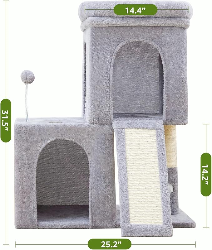 32inch Tall Cat Tree with 2 cat condo for Adult Cats Cozy Cat Tower with Scratching Post and Scrather Board for Cats of Different Ages.（Light Grey）