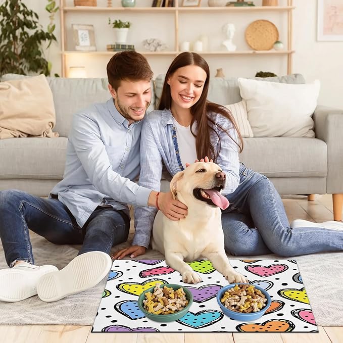 Colorful Heart Dog Food Mat for Floors Absorbent, Quick Dry Water Dispenser Mat for Food, Water, Pet Supplies 17" x 30", Black Polka Dot