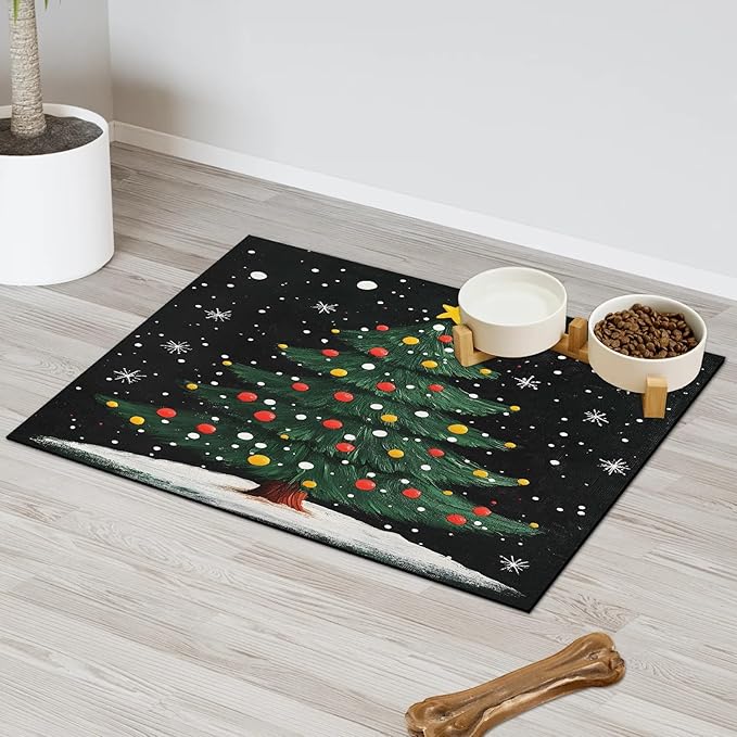 Christmas Tree Dog Food Mat for Floors Absorbent, Quick Dry Water Dispenser Mat for Food, Water, Pet Supplies 17" x 30", Winter Snowflake