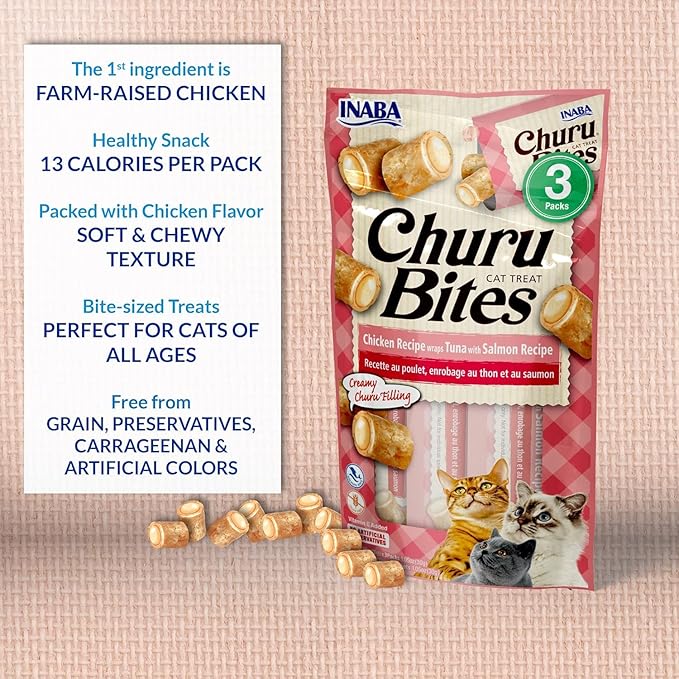 INABA Churu Bites for Cats, Soft Baked Chicken Churu Filled Cat Treats with Green Tea Extract, 0.35 Ounces Each Tube, 9 Tubes Total, Tuna Recipe