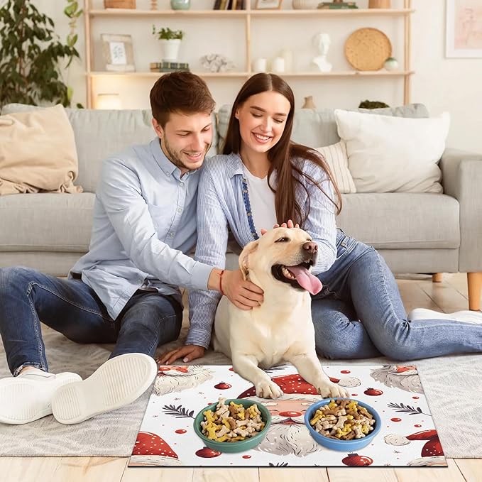 Santa Claus Dog Food Mat for Floors Absorbent, Quick Dry Water Dispenser Mat for Food, Water, Pet Supplies 16" x 24", Christmas Ball