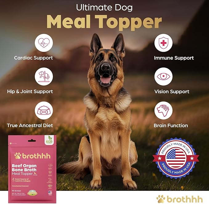 Beef Organ Bone Broth Meal Topper for Dogs - 100% Grass Fed, Veterinarian Approved, Non-GMO by Brothhh - Supports Immunity, Joint & Heart Health, Vision & Vitality - No Fillers - Pet Supplement