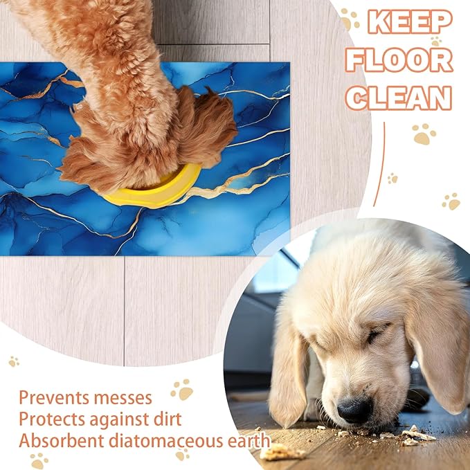 Navy Blue Marble Dog Food Mat for Floors Absorbent, Quick Dry Water Dispenser Mat for Food, Water, Pet Supplies 24" x 32", Marble