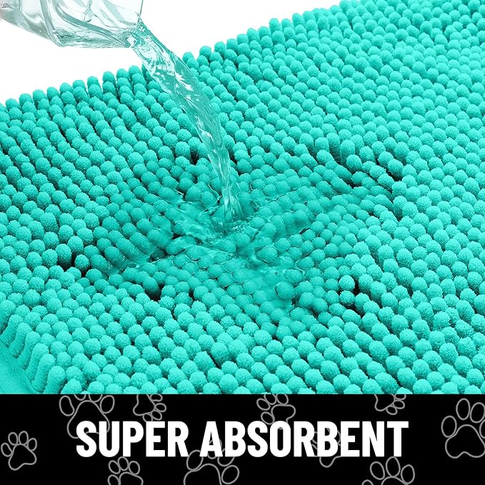 Smiry Dog Door Mat for Muddy Paws, Absorbent Dirt Trapper Non Slip Quick Dry Washable Chenille Mat for Mud Dogs, Entry Rug for Indoor and Outdoor (59x35 Inches, Turquoise and White)