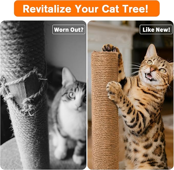 4 Pack Cat Scratching Post Replacement, 15.7 x 3.1 Inch Sisal Poles with M8 Screws, Refill Parts for Indoor Cat Towers and Furniture Repair-Brown