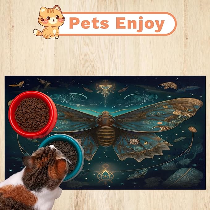 Vintage Butterfly Dog Food Mat for Floors Absorbent, Quick Dry Water Dispenser Mat for Food, Water, Pet Supplies 16" x 24", Boho Butterfly