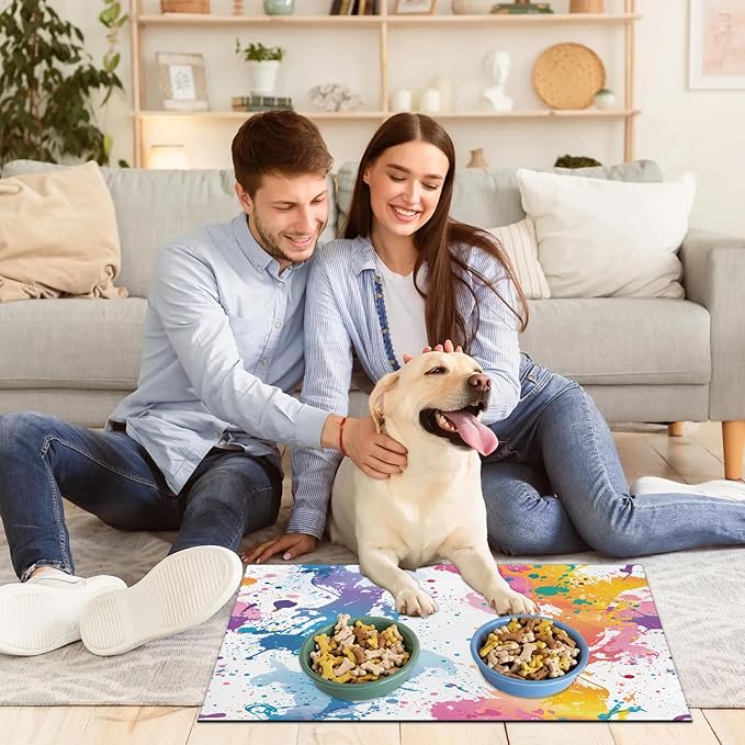 Colorful Graffiti Dog Food Mat for Floors Absorbent Dog Bowl Mat for Food and Water Dispenser Quick Dry Cat Food Placemat Pet Supplies 16" x 24", Rainbow Abstract