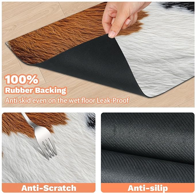 Cow Print Dog Food Mat for Floors Absorbent Dog Bowl Mat for Food and Water Dispenser Quick Dry Cat Food Placemat Pet Supplies 24" x 32", Black Brown Skin