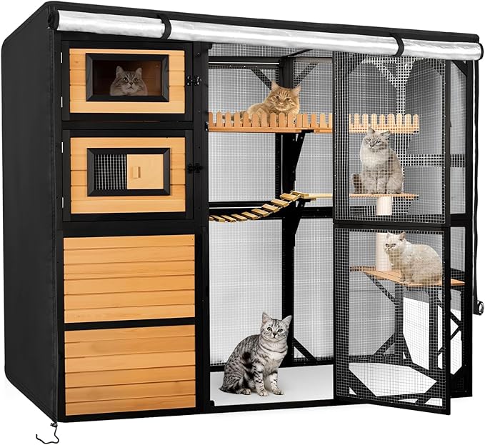 Catio Cover,79"L x 39"W x 70"H Cover for Catio Outdoor Cat Enclosure Waterproof, 420D Cat Cage Covers for FunXplore Large Cats Catios, Outdoor Cats Enclosure Covers(Black)(Catios Not Included)