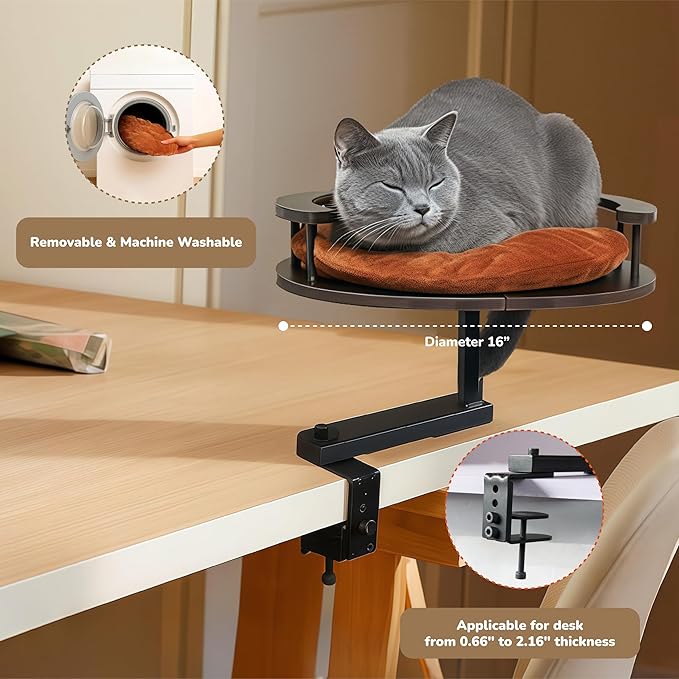Up to 45LBS Cat Desk Bed - 360° Rotation & Adjustable Height, Pet Perch for Desks with Washable Cushion, Desk Cat Bed Attachment for Various Tables (Wood_Brown Cushion)