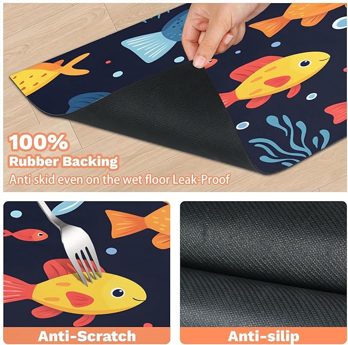Cartoon Fish Dog Food Mat for Floors Absorbent Dog Bowl Mat for Food and Water Dispenser Quick Dry Cat Food Placemat Pet Supplies 16" x 24", Coral Ocean