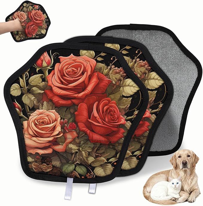 Reusable Pet Hair Removal Glove Roses Flowers Magic Brush for Cat & Dog Hair Remover for Car, Sofa, Bedding, Clothes - 9x9 Mitt Washable