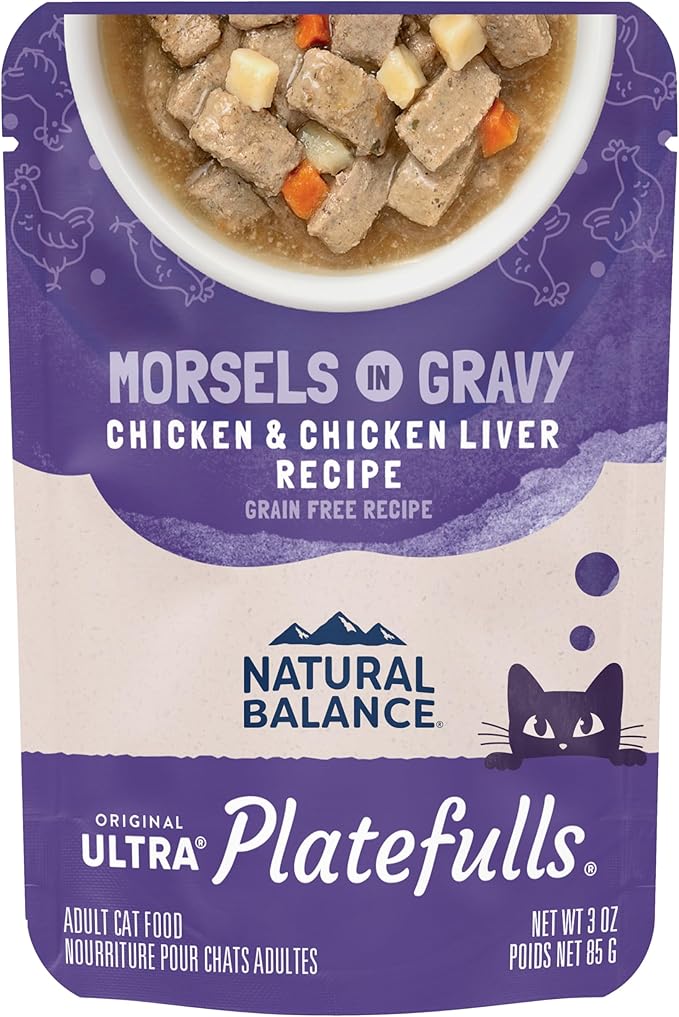 Natural Balance Original Ultra Platefulls Indoor Adult Grain Free Wet Cat Food, Chicken & Chicken Liver Recipe, 3 Ounce Pouch (Pack of 24)