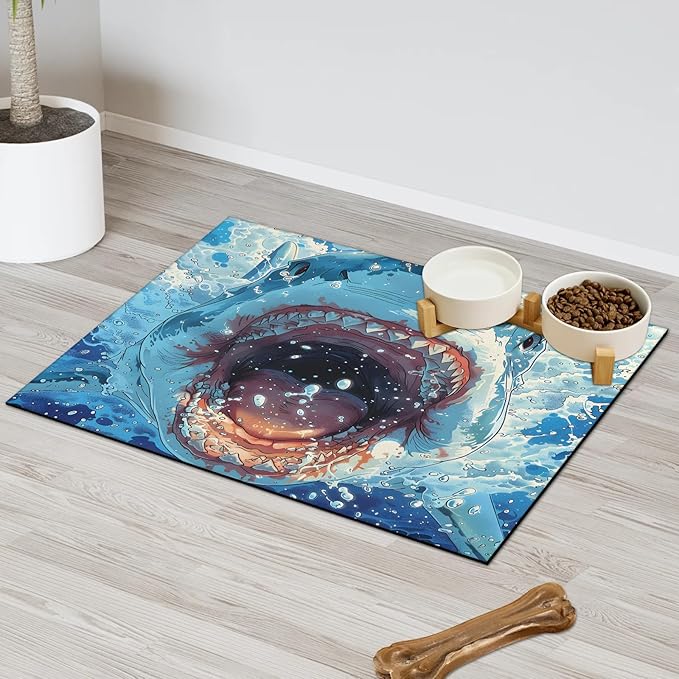 Sharks Dog Food Mat for Floors Absorbent Dog Bowl Mat for Food and Water Dispenser Quick Dry Cat Food Placemat Pet Supplies 24" x 32", Sea Ocean