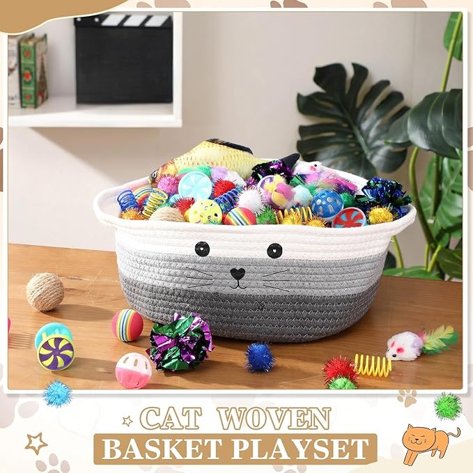 Zopeal 58 Pcs Easter Cat Storage Basket Gift Toys Set, Colorful Flashing Balls Pet Bell Crinkle Balls Spring Toys Attract Cat to Swat, Hunt, Interactive for Pet(Multicolor,12 Inch)