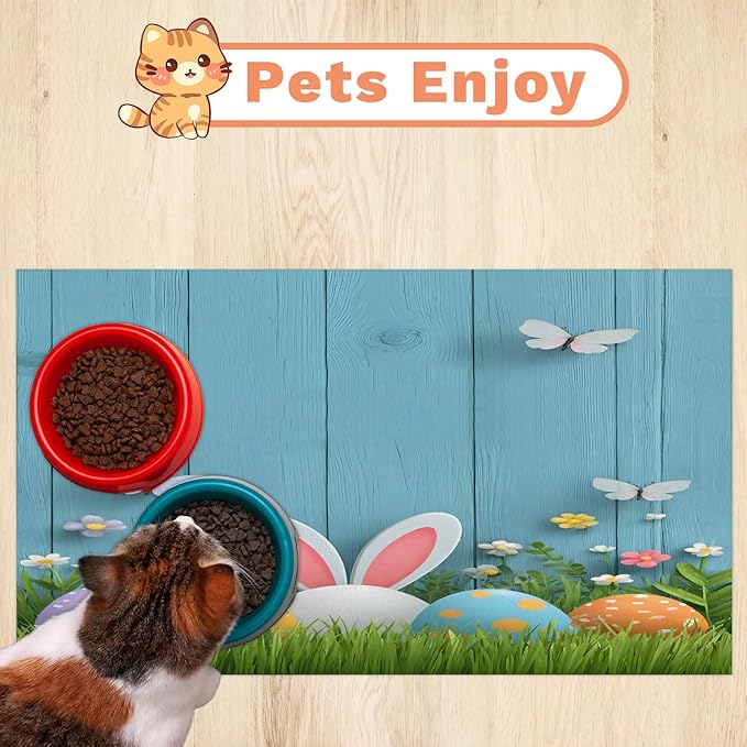 Happy Easter Dog Food Mat for Floors Absorbent Dog Bowl Mat for Food and Water Dispenser Quick Dry Cat Food Placemat Pet Supplies 17" x 30", Blue Wooden