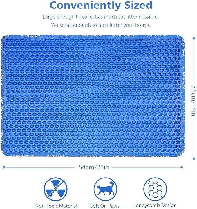 Cat Litter Mat for Pet Kitty Litter Box, Honeycomb Double Layer Cat Litter Box Mat, No Slip Cat Litter Trapping Mat, Urine and Water Resistant, Scatter Control, Washable Easy Clean, Blue
