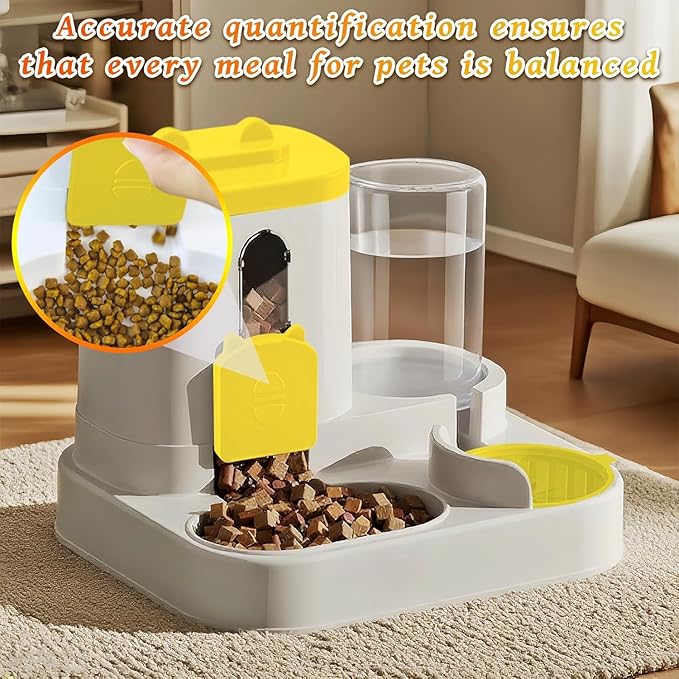 Cat Feeder and Water Dispenser, 2 in 1 Automatic Cat Feeder, 2 Pack Large Capacity Self Feeding for Small Medium Dog Puppy Kitten （Yellow）