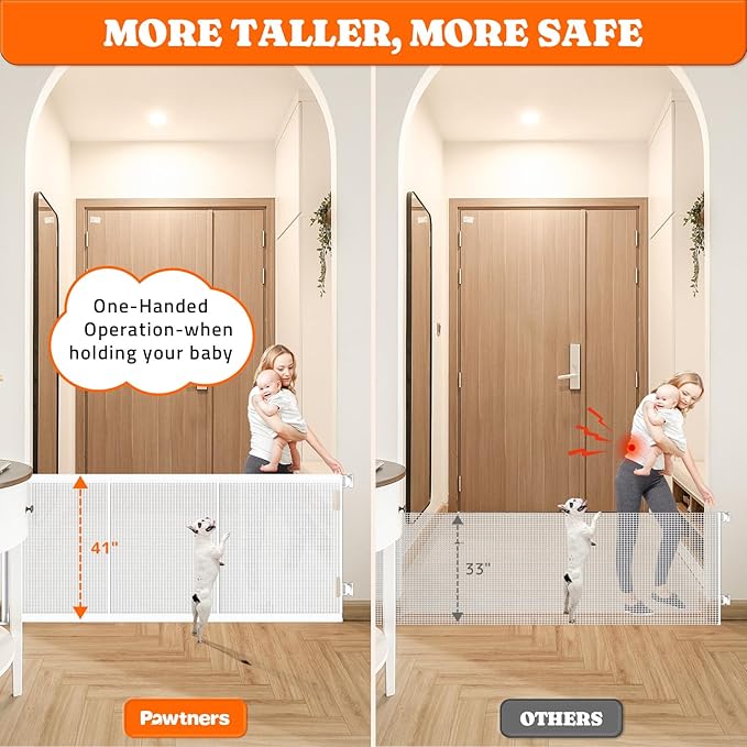 Pawtners Retractable Baby Gates Extra Wide, 41" Tall Extends up to 71" Wide, Dog Gate Indoor with for Stairs, Pet Gate with Support Rods for Doorways Hallways Indoor & Outdoor-White