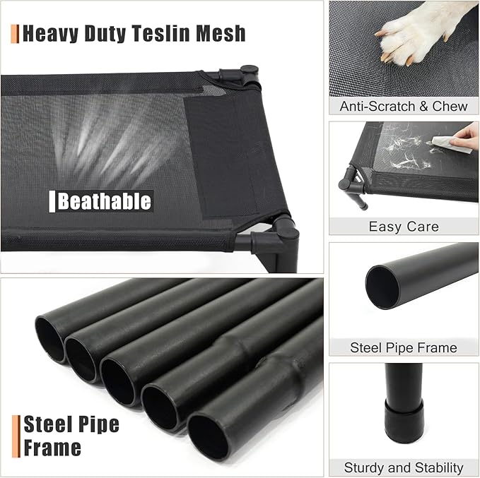 Elevated Dog Bed for Medium Dogs, Raised Dog Cot, Heavy Duty Pet Cots with Durable Supportive Teslin Recyclable Washable Mesh, Indoor & Outdoor, Dark Grey, 32" L x 25" W x 7" Th