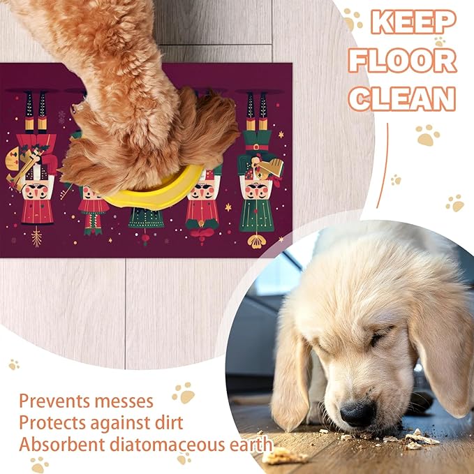 Nutcrackers Xmas Dog Food Mat for Floors Absorbent, Quick Dry Water Dispenser Mat for Food, Water, Pet Supplies 24" x 32", Merry Christmas