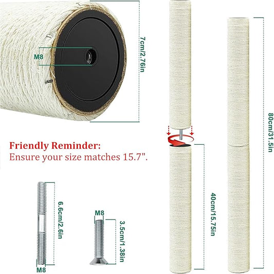 Cat Scratching Post Replacement Pole，2 PCS 15.7in Cat Tree Replacement Post，Natural Sisal Cat Tree Replacement Parts with M8 Screws，Cat Scratch Post Replacement for Refurbishment (15.7in/40cm)