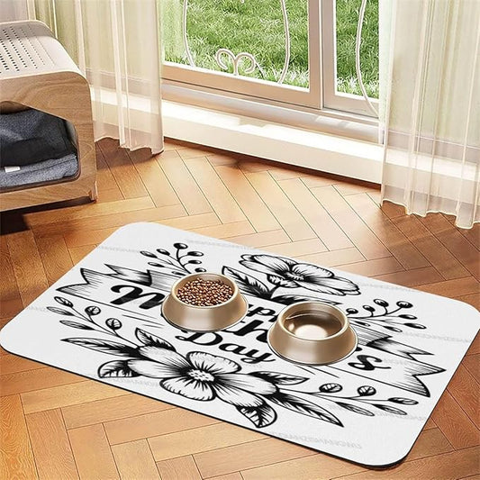 Pet Feeding Mat White Happy Mother's Day Floral Gift Mom EU Absorbent Pet Placemat for Food Water Bowl with Waterproof Rubber Backing 18X12In Quick Dry Water Dispenser Mat for Dog Cat