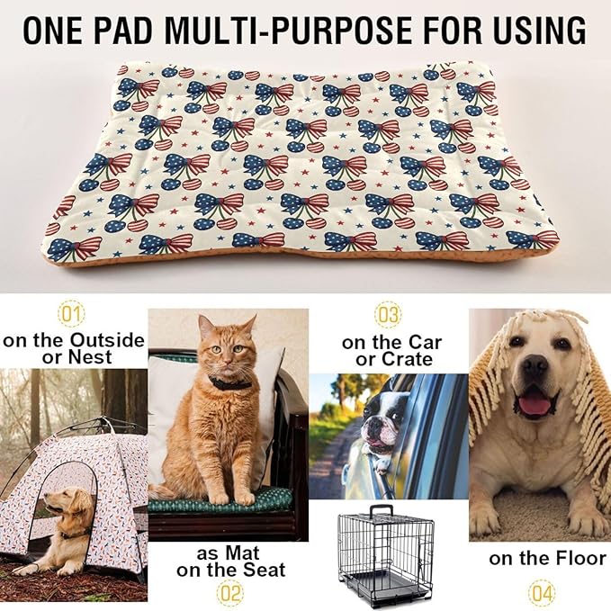 Dog Bed for Crate Washable Pet Sleep Pad, Independence Day Elements Kennel Mat with Non-Slip Bottom, Soft Fluffy Supplies Pet for Dogs and Cats (36x24 inch)