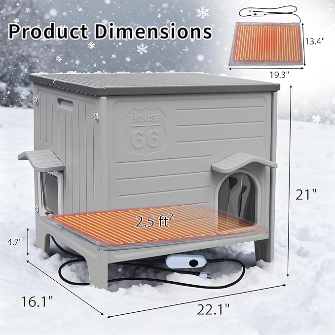 Rockever Heated Cat House for Outside in Winter, 100% Waterproof & Insulated Heated Cat House for Outdoor Cats with Heating Pad, Elevated Outdoor Cat House Safe Escape Door(M,Grey&Heating Pad)