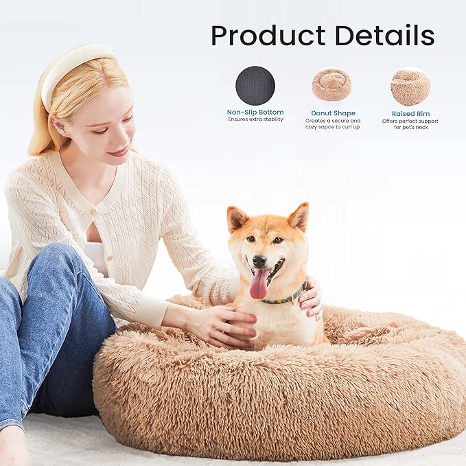 NEWBULIG 30.7x30.7 Inch Dog Bed Large Sized Dog, Donut Shape Cat Beds for Indoor Cats with Washable, Anti-Slip, Faux Fur