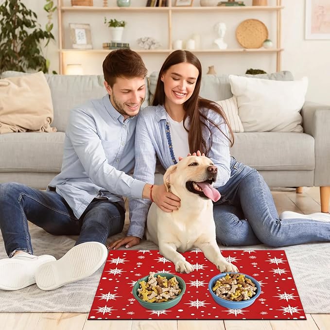 Christmas Dog Food Mat for Floors Absorbent, Quick Dry Water Dispenser Mat for Food, Water, Pet Supplies 12" x 20", Winter Snowflake
