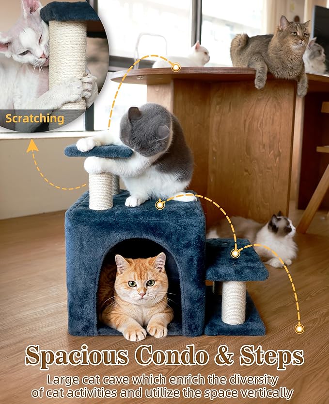 Dog Stairs & Cat Scratching Post, 19.5'' Tall Pet Steps with Condo, Transformable Ramp Holds up to 200 lbs, Indoor Cat Ladder for High Bed, Soft Plush, 3 Steps, 3 Options, Blue Medium