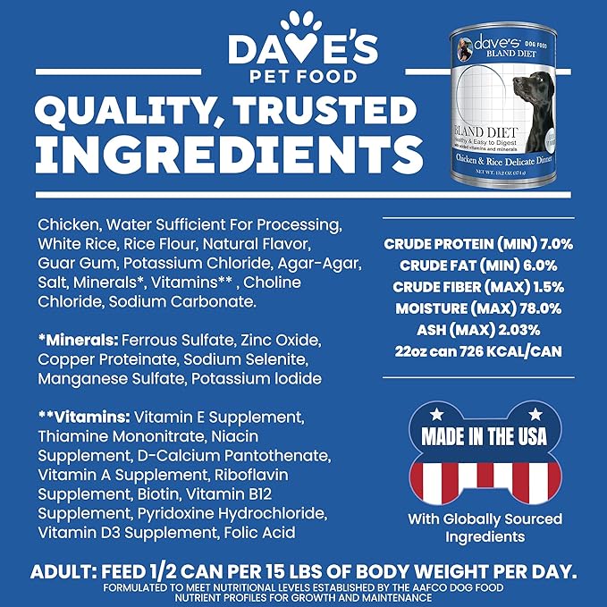 Dave's Dog Food Bland Diet Dog Food for Sick Dogs with Upset Stomach (Chicken & Rice), Economy Size for Large Pups or Big Eaters, Sensitive Stomach, Economy Size 22 oz (Case of 12)
