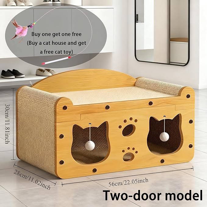 Cat Scratcher House for Indoor Cats, Sturdy MDF Frame 2-in-1 Cat Furniture Lounge Bed & Scratching Post, Large Cardboard Cat Hideaway with Teaser Toy (22.05inch Length Double Doors)
