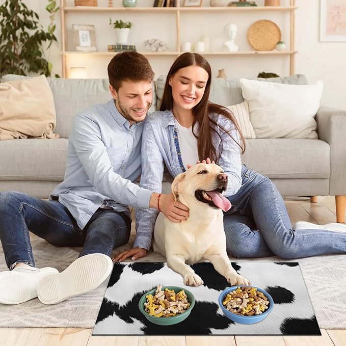 Milk Cow Print Dog Food Mat for Floors Absorbent Dog Bowl Mat for Food and Water Dispenser Quick Dry Cat Food Placemat Pet Supplies 16" x 24", Black White