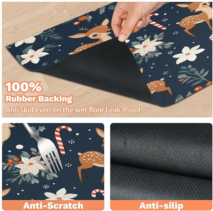 Xmas Elk Dog Food Mat for Floors Absorbent, Quick Dry Water Dispenser Mat for Food, Water, Pet Supplies 12" x 20", Christmas Holly