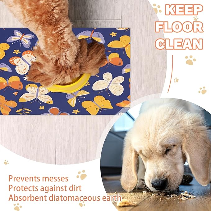 Flower Butterfly Dog Food Mat for Floors Absorbent, Quick Dry Water Dispenser Mat for Food, Water, Pet Supplies 16" x 24", Watercolor Animals