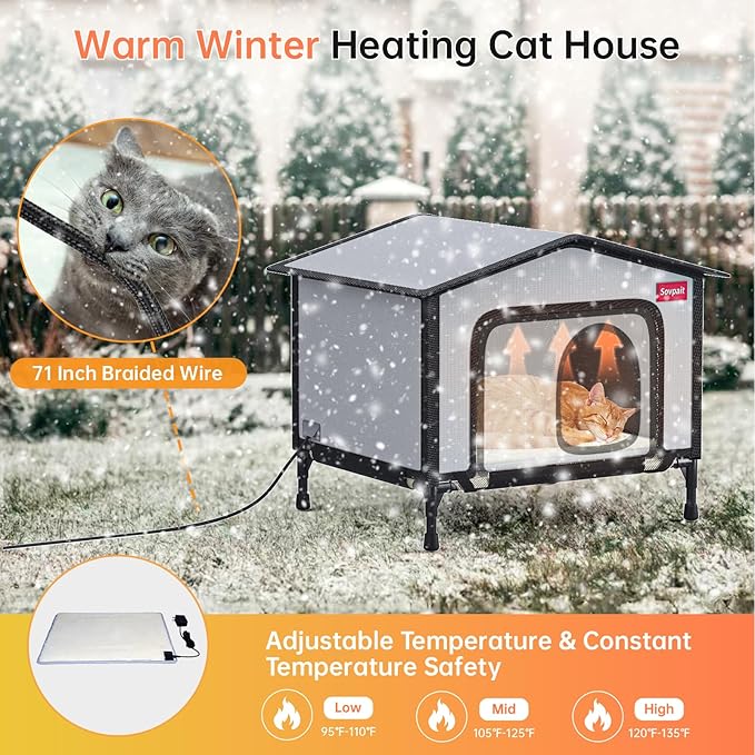 Outdoor Heated cat House with Heating pad and Escape Door,Waterproof and Warm Stray cat House,Suitable for Indoor,Outdoor,Winter,and Summer (Brown, M19*13 * 14.8)
