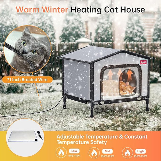 Outdoor Heated cat House with Heating pad and Escape Door,Waterproof and Warm Stray cat House,Suitable for Indoor,Outdoor,Winter,and Summer (Brown, M19*13 * 14.8)