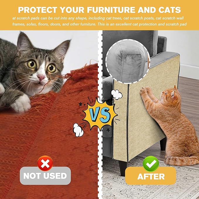 Cat Scratch Furniture Protector, DIY Climb Cat Scratcher Mat for Covering Couch Protector from Cat Claws 78.7"x15.8" (Khaki)